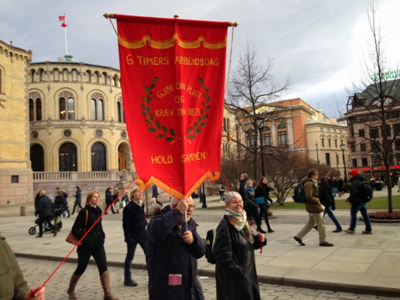 Bilde av fagforeningsfane for sekstimersdagen